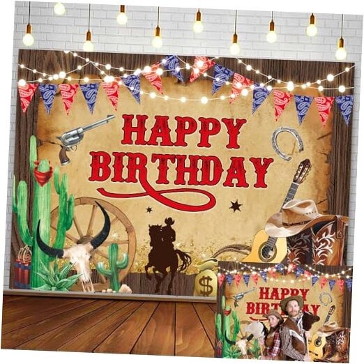 Western Cowboy Birthday Backdrop Wild West Rustic Wooden House Rodeo Boot 8x6FT