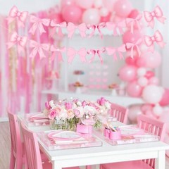 4Pcs Pink Bow Garland Banner, Pre Strung Pink Bow Banner Bow Party Decortions…