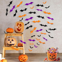 72PCS Halloween Bats Decoration, 4 Sizes PVC Black Orange Purple 3D Stickers
