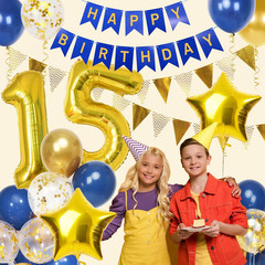 15Th Birthday Decorations Boys, Navy Blue Gold Balloons and Happy Birthday Banne