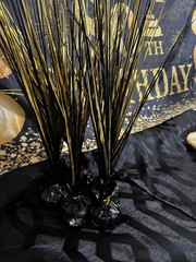 Black & Gold 80th Birthday -Gold Sequin Placemats, Fans, Banner, Thank You Cards