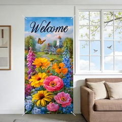 Spring Door Covers Banner Welcome Cottage & Flower Design 35.4×70.86inches Po…