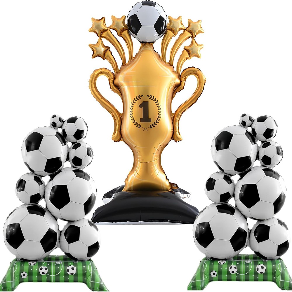 3Pcs Soccer Balloons Party, Large Standing Soccer and Gold Champion Trophy Fo…