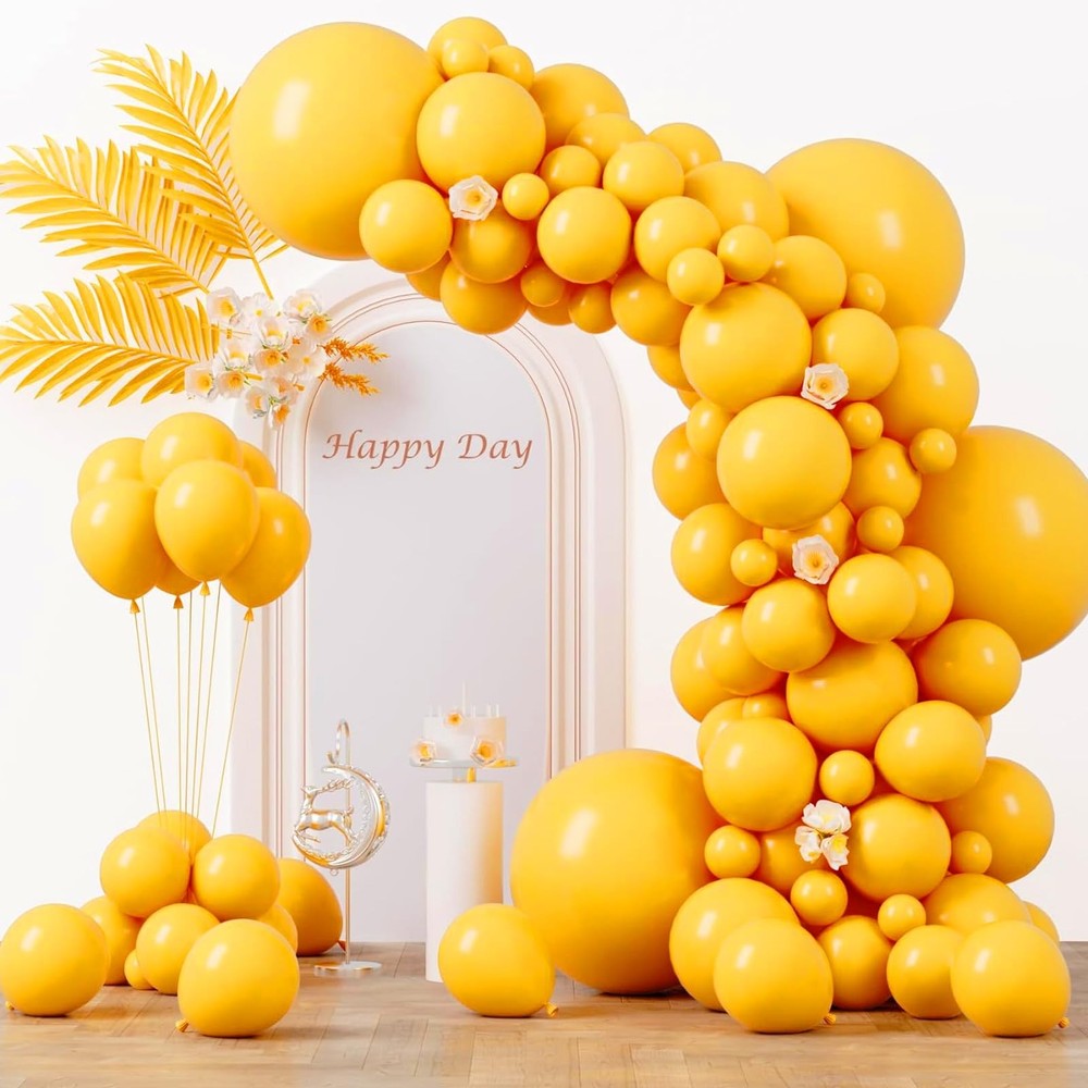 Voircoloria 130pcs Mustard Yellow Balloons Different Sizes 18″ 12″ 10″ 5″ Lem…