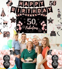 50th Birthday Decorations for Women, Pre-Strung Black Rose Gold Happy Birthda…