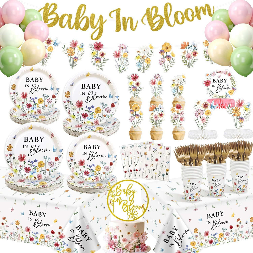 181Pcs Spring Baby in Bloom Baby Shower Decorations Plates Set, Wildflower Flora