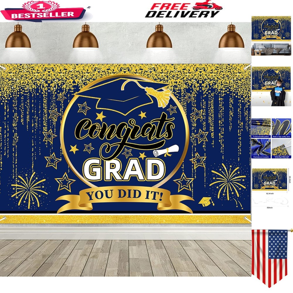 Stunning 2026 Blue & Gold Graduation Party Banner – Perfect for Photos and Decor
