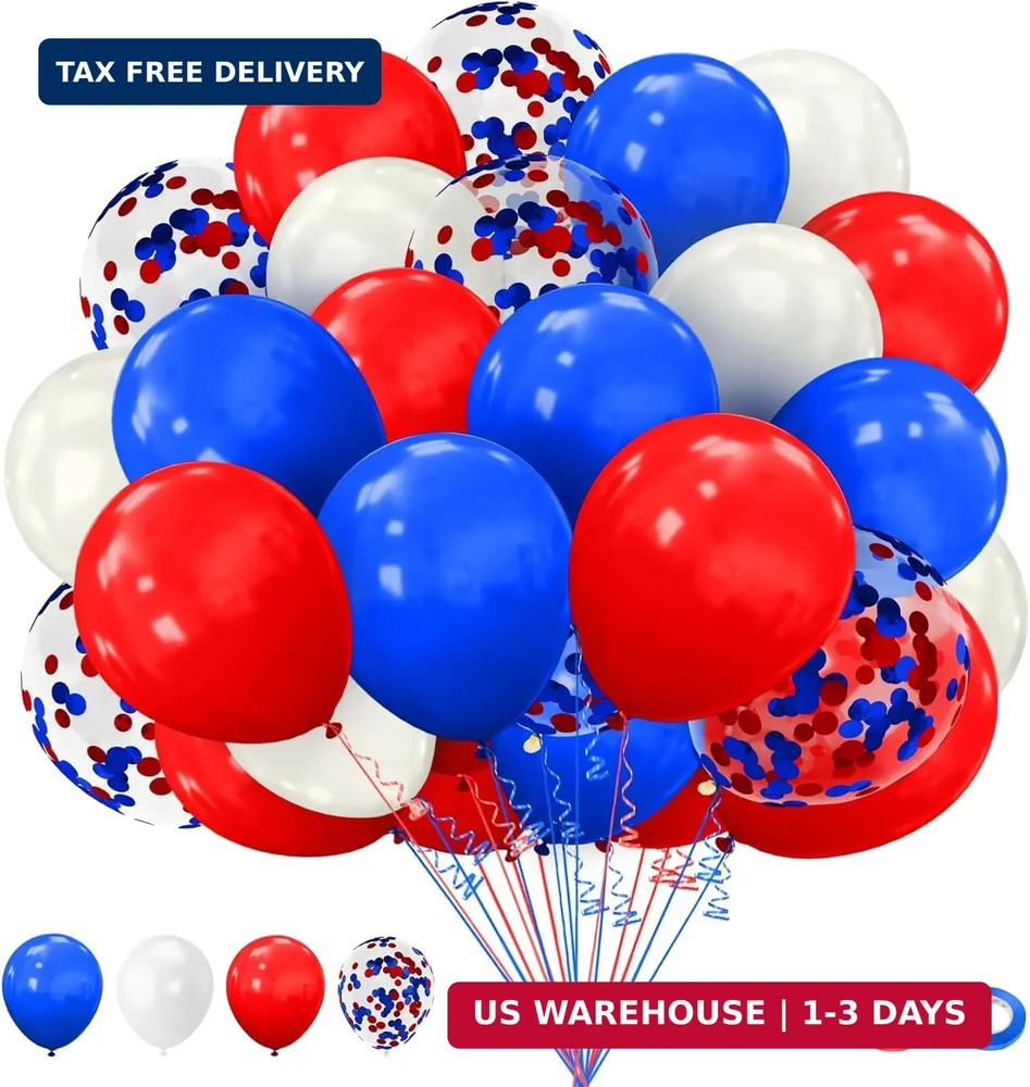 Red White and Blue Balloons, 60pcs 4th of July Patriotic Balloons, 12 Inches Red