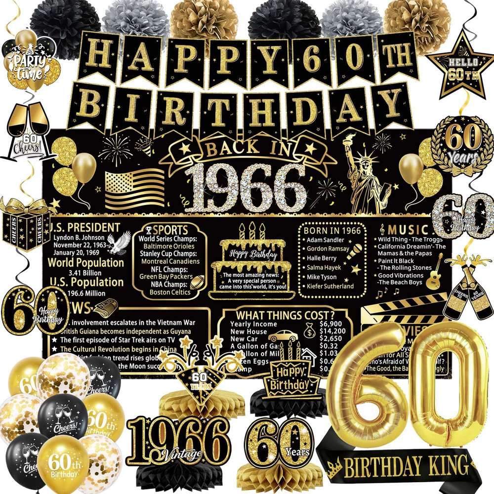 60Th Birthday Decorations for Men, Black and Gold 60 Year Old Party Supplies, Ba