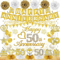 Happy 50Th Anniversary Decorations Kit, White Gold 50Th Wedding Anniversary Part