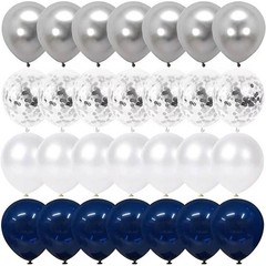 Navy Blue and Silver Confetti Balloons 50 pcs, 12 inch White Pearl and Silver