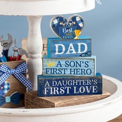Lineshading 4 Pcs Fathers Day Table Decorations Wooden Blue Heart Trophy Deco…