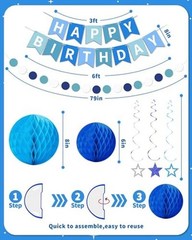 Happy Birthday Decorations, Happy Birthday Banner with Honeycomb Balls, Blue