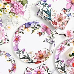 100 Piece Summer Floral Disposable Contemporary Multicolor Set (Plates, Napkins)