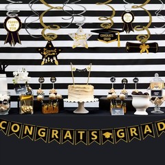 Graduation Hanging Swirl Banner Decorations, Black Gold Silver Star Banner