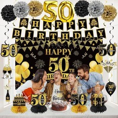 42PCS 50th Birthday Decoration Kit for Men Women, Black Gold Happy 50th Bday Ban