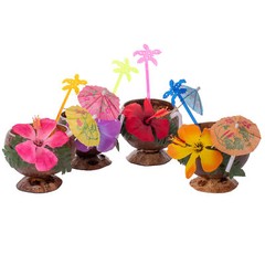 Luau 4 Person Coconut Cup, Pick & Stirrer 16pc Party Drinkware Pack, Brown Multi