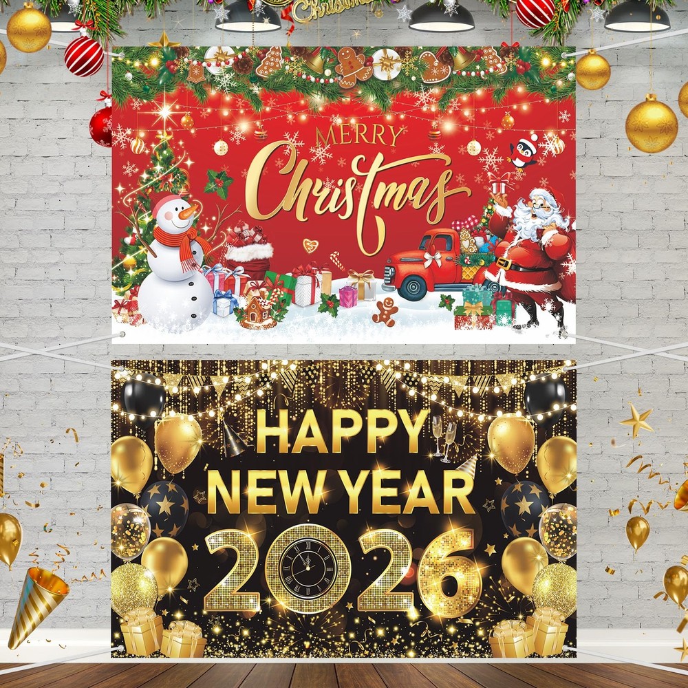 2 Pack Christmas & New Year Banners 2026 Merry Xmas Backdrop Party Decorations