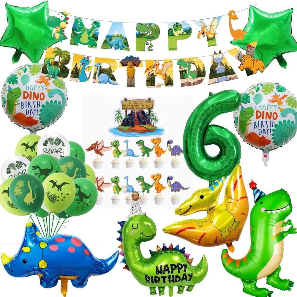 Dinosaur 6th Party Decorations for Boys Girls, Foil Green Star Number 6 Dinos…