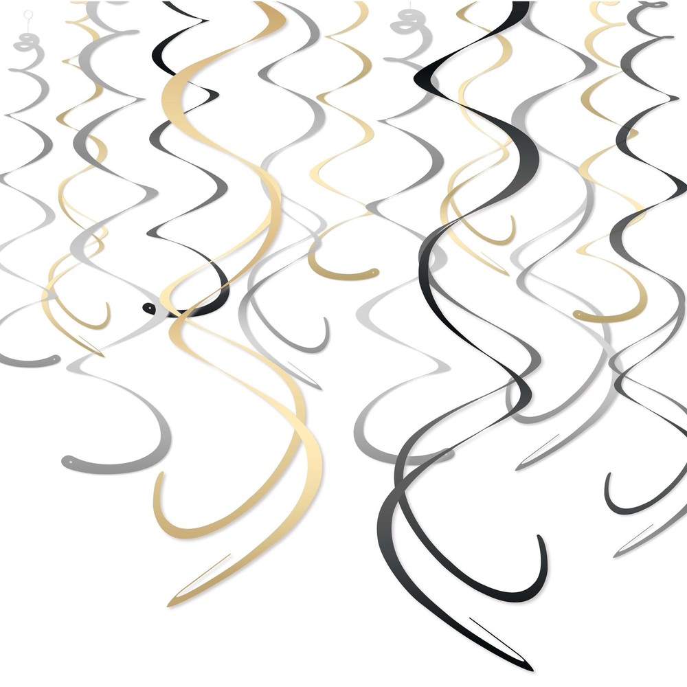 48-Piece Swirl Party Decorations for Ceiling, Black Gold Silver Satin-Look Si…