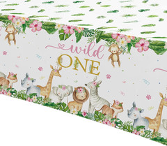 Wild One Birthday Decorations Girl Tablecloth, 3Pcs Disposable Zoo Animal Jungle