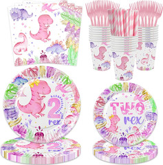 211 Pcs Dinosaur 2Nd Birthday Party Supplies, Girl Dino Two Rex Birthday Decorat