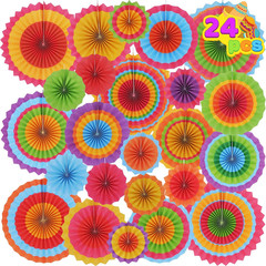 24 Colorful Hanging Paper Fan round Wheel Disc for Fiesta Party Supplies Decorat