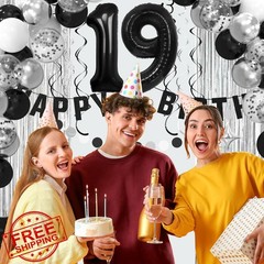 Ashmole 19th Birthday Banner Balloons 19 Black Silvery