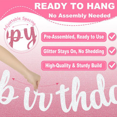 Pre-Strung Pink and Silver Happy Birthday Banner Decorations, Glitter Birthday G