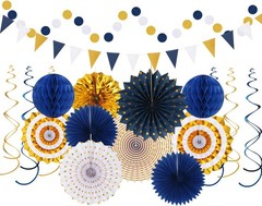 Navy-Blue White-Gold Graduation Party-Decorations – 33pcs Kits Banner, Streamers