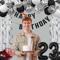 Ashmole 23th Birthday Banner Balloons Black Silvery