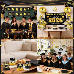 Graduation Decorations 2026-Black and Gold Graduation Party Decorations Suppl…