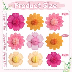 9PCS Hot Pink and Orange Party Decorations Paper Flowers Honeycomb Hanging Large