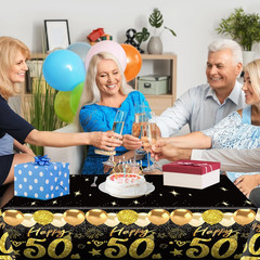 2Pcs 50Th Birthday Tablecloth, Black Gold 50Th Birthday Decorations for Men Wome