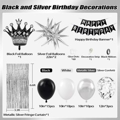 Black Birthday Decorations for Men with White and silver Black, Silver