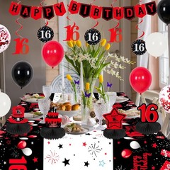 16th Birthday Decorations Red Black, Sweet 16 Party Supplies, Banner, Balloons,