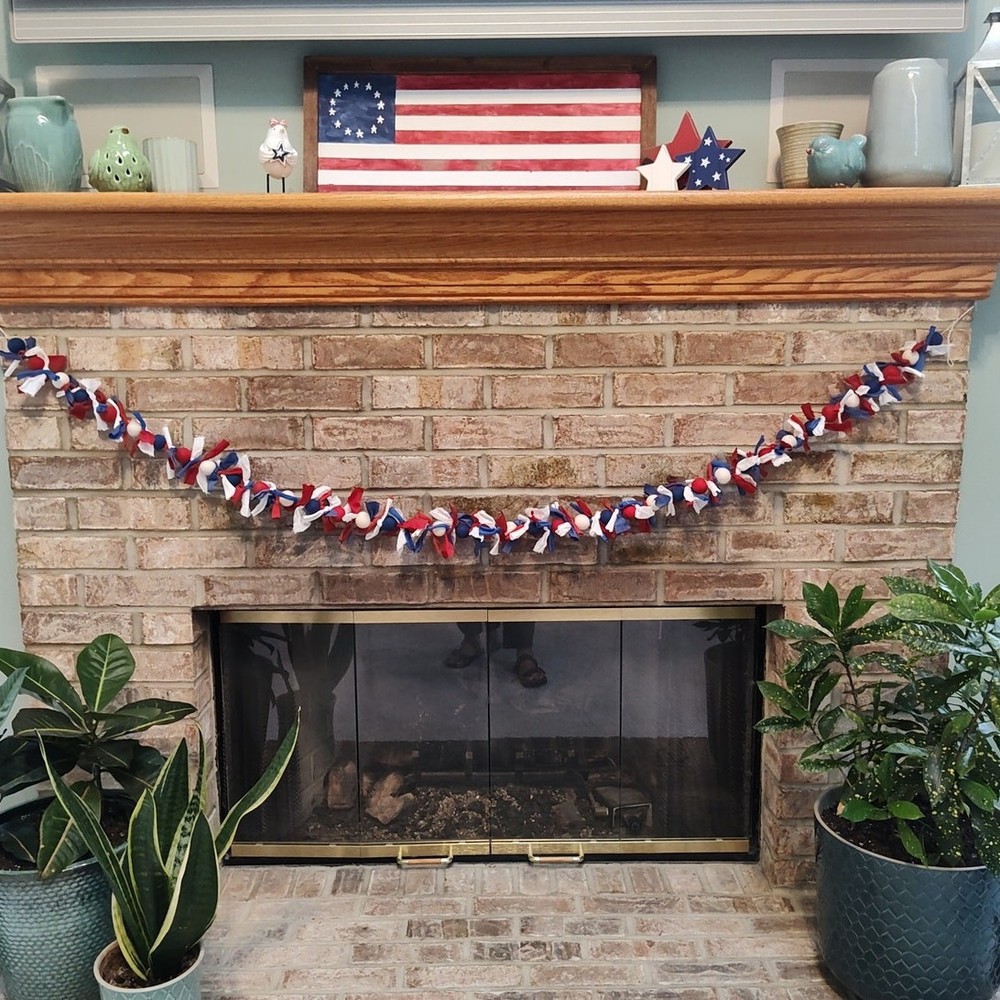 Red, White & Blue Felt Ball & fabric strip Garland, 6′
