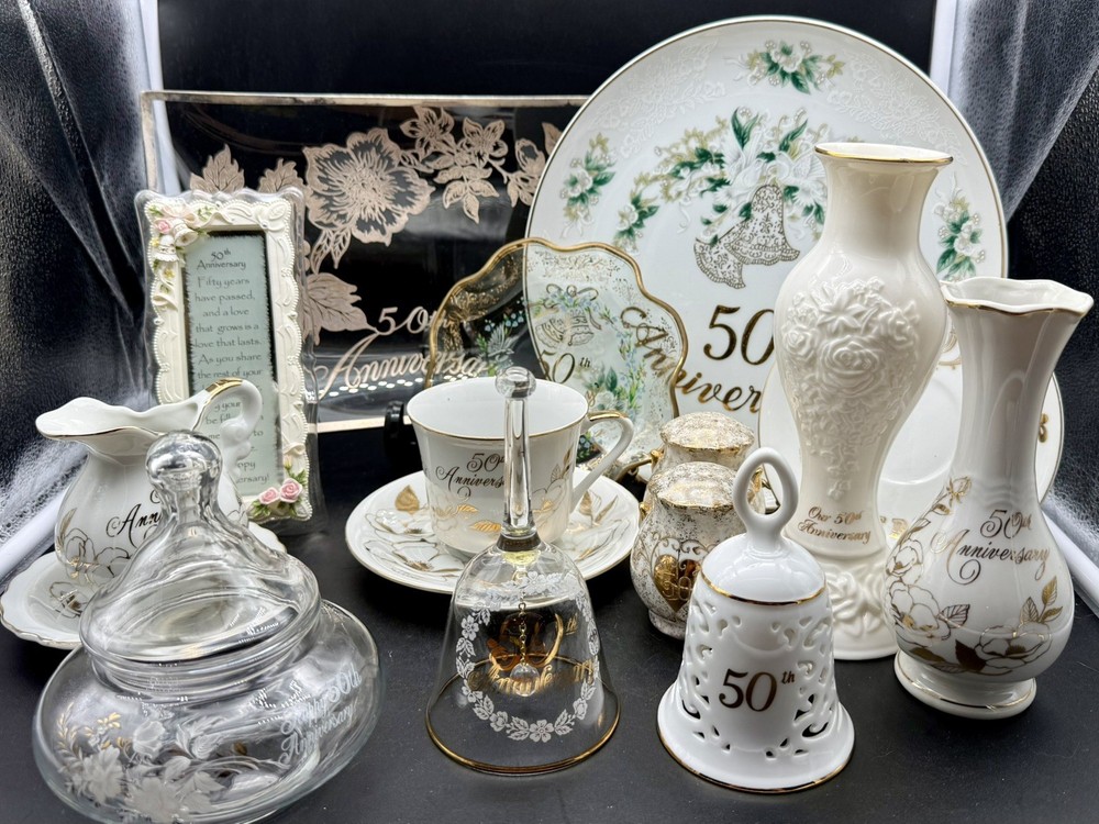 50th Wedding Anniversary LOT 15 pieces Plates Cups Bells ETC Decoration Gifts