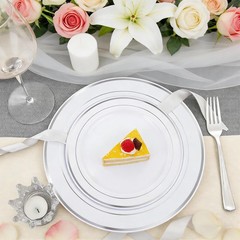 FLOWERCAT 60PCS Silver Plastic Plates – Heavy Duty White and Silver Plastic P…
