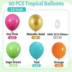 Tropical Balloons Set, 50 Pcs Hawaiian Party Balloons, 12 Inch Hot Pink Orang…