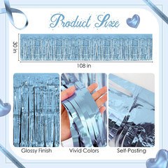 2 Pack Light Blue Table Skirts, 29X108″ Metallic Foil Tinsel Fringe Table