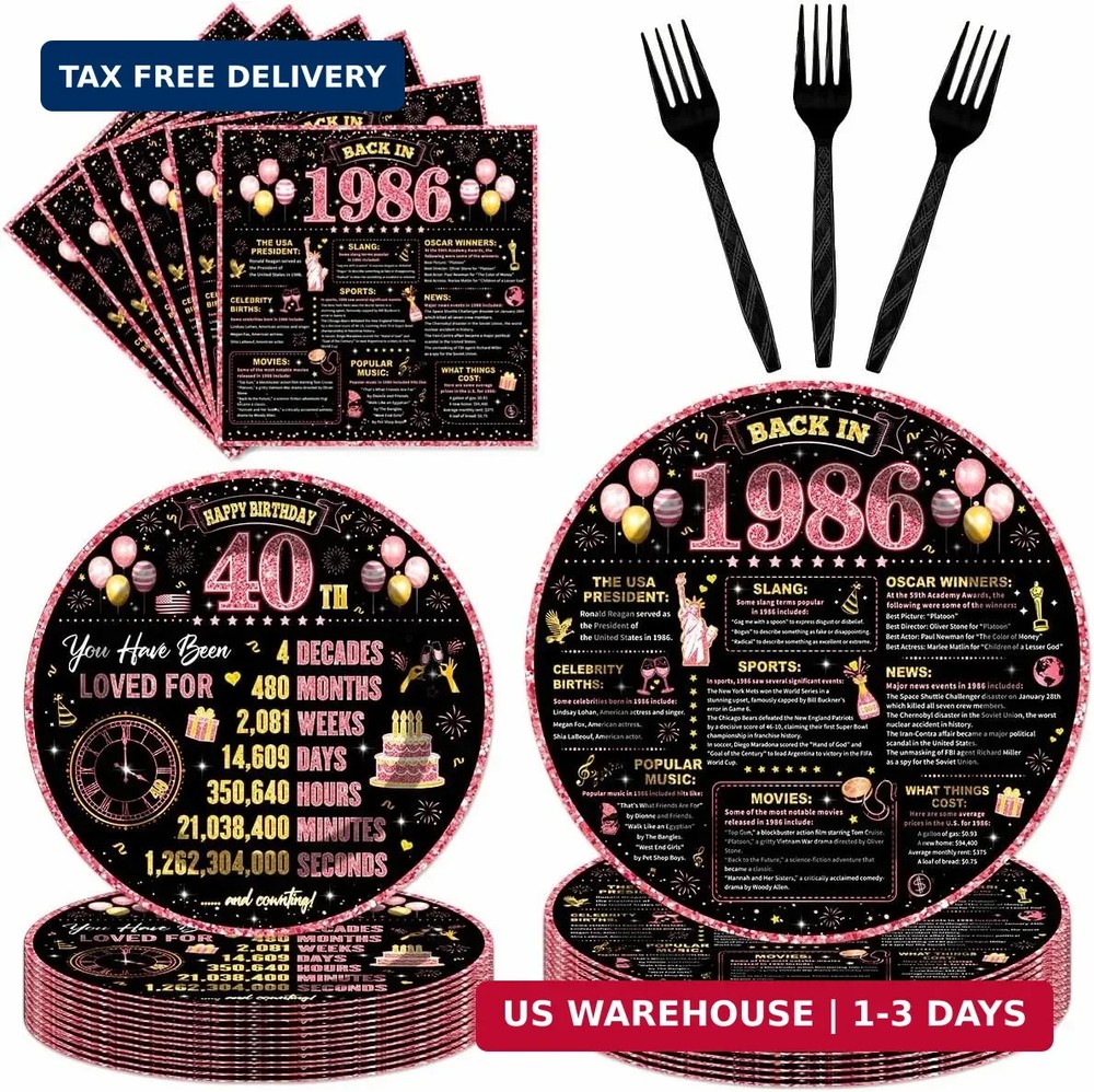 96Pcs 40th Birthday Decorations Women Tableware Set Rose Gold Back in 1986 Paper