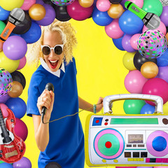 80s 90s Theme Party Decorations, 90Pcs Balloon Garland Kit 6PCS Disco Ball Radio