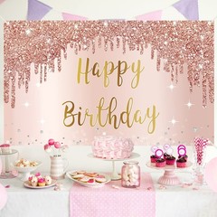 Rose Gold Happy Birthday Banner & Backdrop Decorations for Girls & Women, Pin…