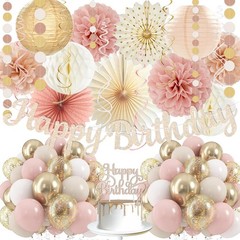 Boho Pink Birthday Party Decorations, Happy Banner, Paper Lanterns, Peach Stream