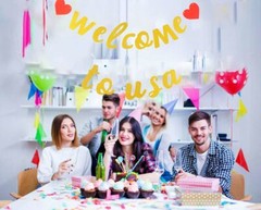 Welcome to USA America Banner Pre-Strung No DIY Rose Gold Glittery Aboard