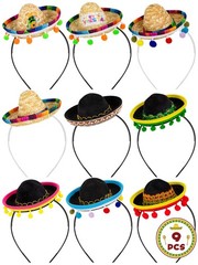 9 Pieces Mini Sombrero Headbands with Ball Fringe, Fabric Fiesta Costume Acce…