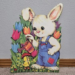 Vintage Easter Bunny Cardboard Die Cut Tulips Chick Water Can Flowers Lady Bug