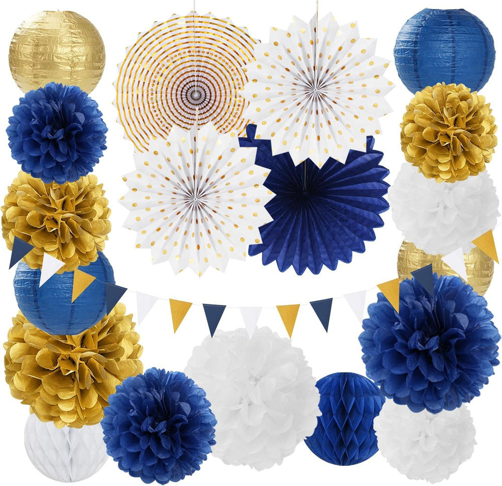 Navy-Blue White Gold Party-Decorations – 20Pcs Graduation 2026 Paper Lanterns Fa