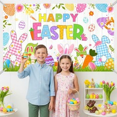 Happy Easter Banner Backdrop Spring Bunny Rabbit White Rustic Wooden Wall Photo